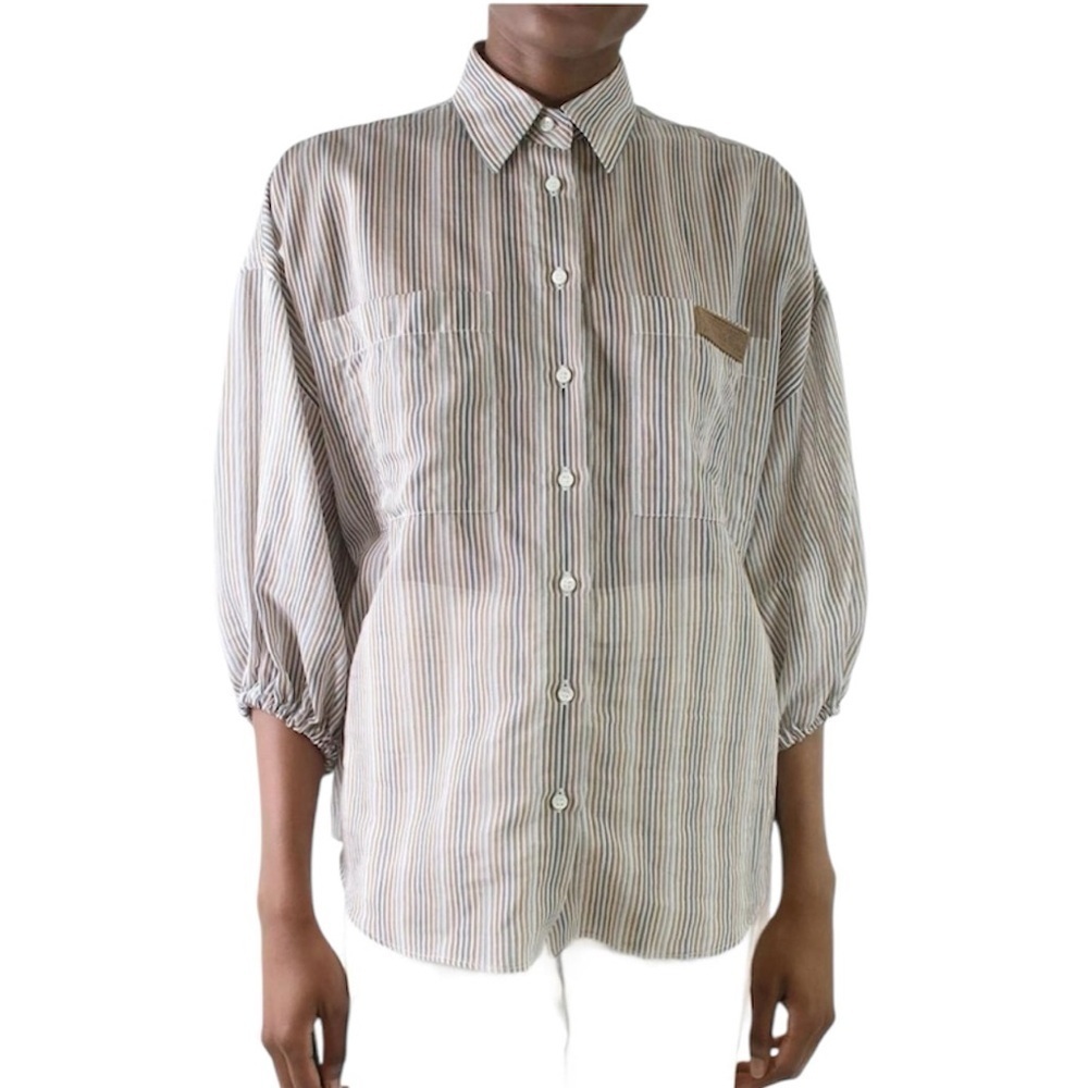 Brunello Cucinelli | Cotton & Silk Striped Button Down Monili Pocket Detail XS
